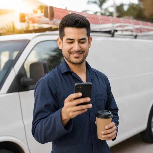 El instalador de aire acondicionado arranca el día junto a su camioneta, café en mano, mirando su teléfono