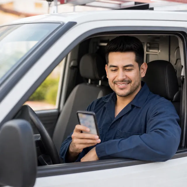 El instalador al volante revisa la ruta del día en su teléfono antes de arrancar
