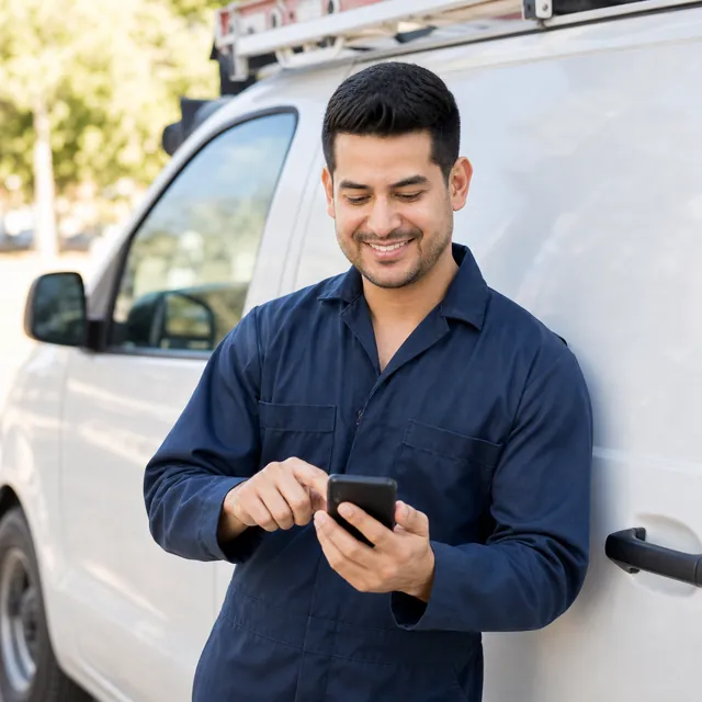 El instalador apoyado en su camioneta prepara una cotización en el teléfono