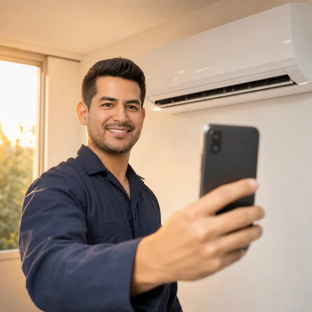El instalador graba un reel de un split recién instalado al atardecer con su teléfono